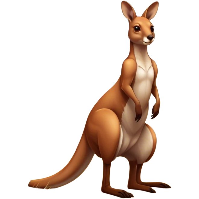 Cinematic-realistic Australian kangaroo, standing tall with powerful hind legs and a muscular tail for balance. Its reddish-brown fur glows under the golden sunlight, ears perked and eyes alert. The rugged outback stretches behind it, with dry grass and scattered eucalyptus trees completing the iconic scene. emoji