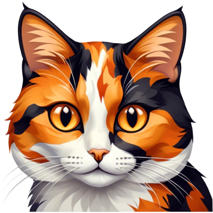 Cinematic Noble Calico Cat Portrait Emoji, Poised and regal, with a striking patchwork fur in vibrant orange, black, and white hues, delicate whiskers and a refined, focused gaze, simplified yet exquisitely detailed, glowing with a soft, moonlit radiance and an air of aristocratic elegance, high shine, exuding dignified intelligence and poised authority, soft glowing outline, capturing the essence of a watchful and noble calico cat that appears ready to grace the screen with effortless majesty! emoji