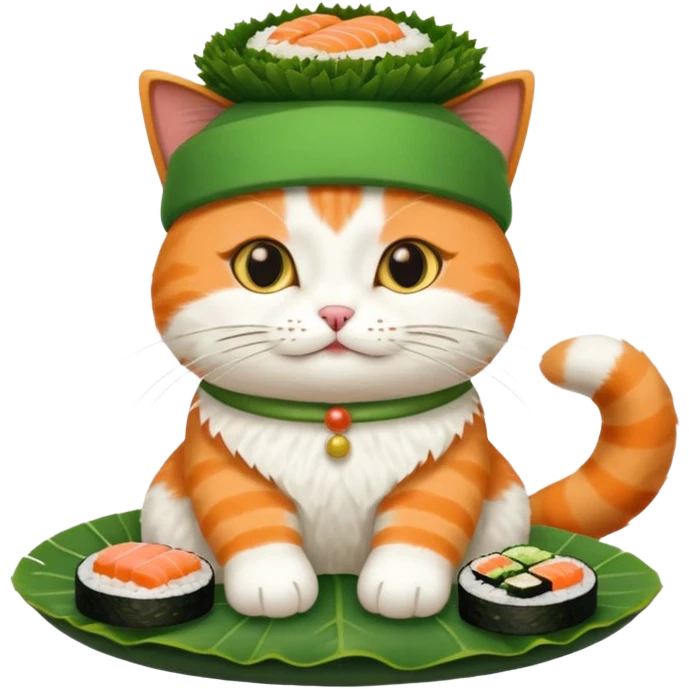 cat with its paws crossed wearing a hat made out of sushi emoji
