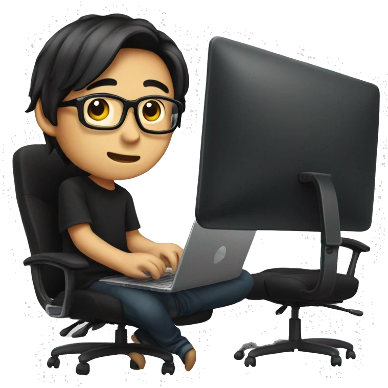 asian boy with glasses, long straight hair working, wearing black clothes , on his laptop seating on a gaming chair emoji