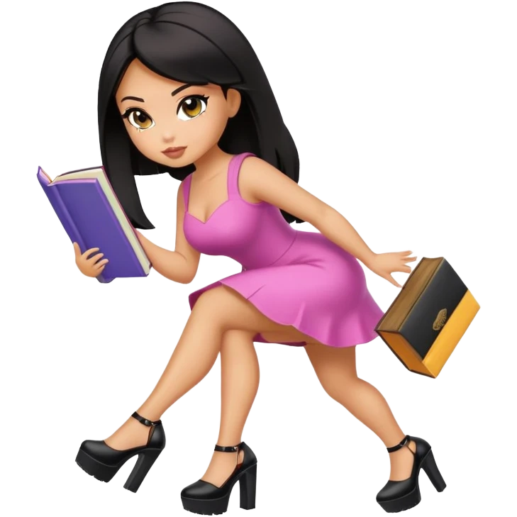 Bimbo walking, platform heels, mini dress, black hair, picking up book from ground, hot, curvey, bratz emoji