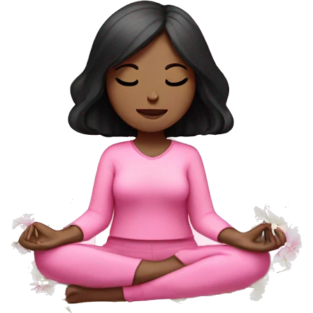 White girl, black hair meditating with flowers wearing pink  emoji