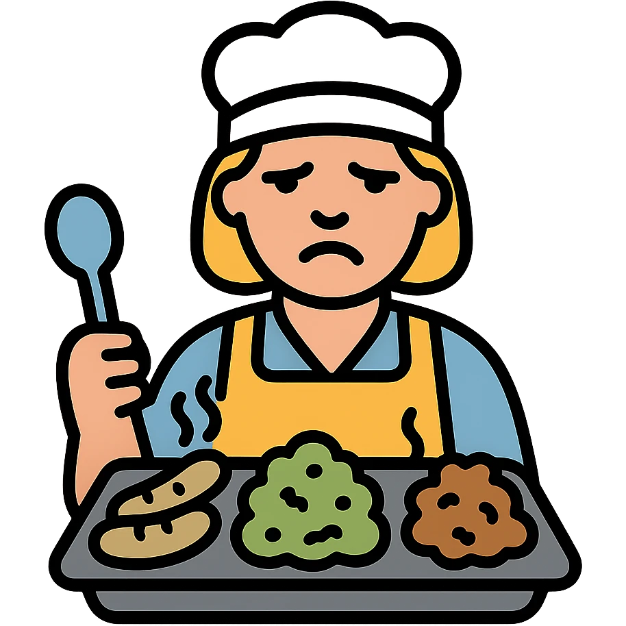 lunch lady serving unappetizing, gross cafeteria food icon with color and black outlines emoji