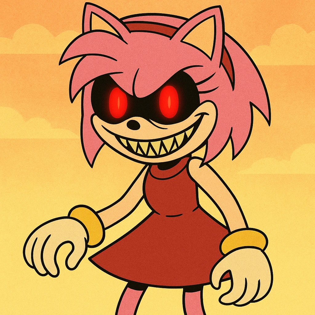 Amy Rose from Sonic in horror cartoon style, bright pink hair, glowing red eyes, sinister grin, bright and vivid background, not dark emoji
