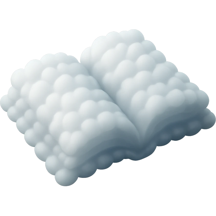 thick open book made entirely of small, very bright white fluffy convex clouds, matte glass style emoji