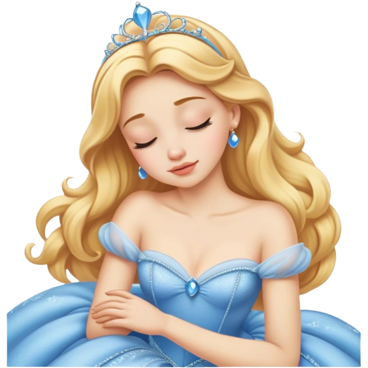 Cinematic Realistic Sleeping Cinderella Portrait, portrayed with exceptional realism: her luminous porcelain skin and exquisitely detailed golden-blonde hair lie softly under the gentle caress of natural light. Her eyes are peacefully closed in a serene, dreamlike slumber, and every fold and shimmer of her iconic ball gown is rendered with painstaking detail. The overall composition radiates a quiet, enchanting glow that encapsulates the timeless, restful beauty of a princess lost in a gentle, magical dream. emoji