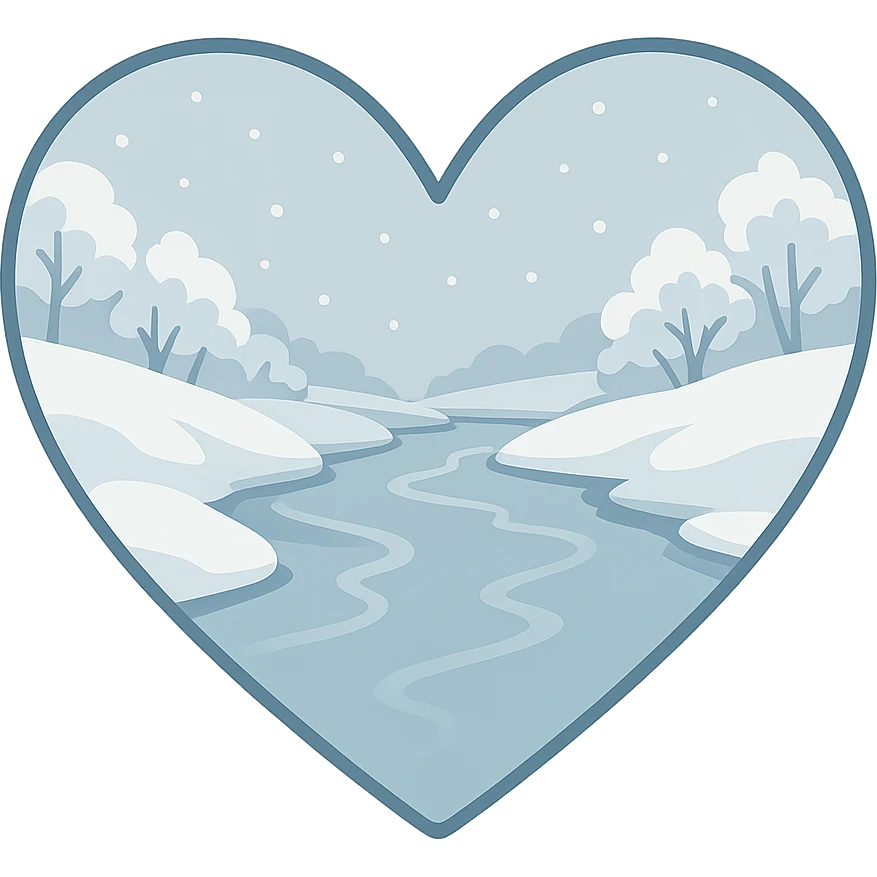 heart with a tranquil snowy riverbank, clean digital illustration emoji
