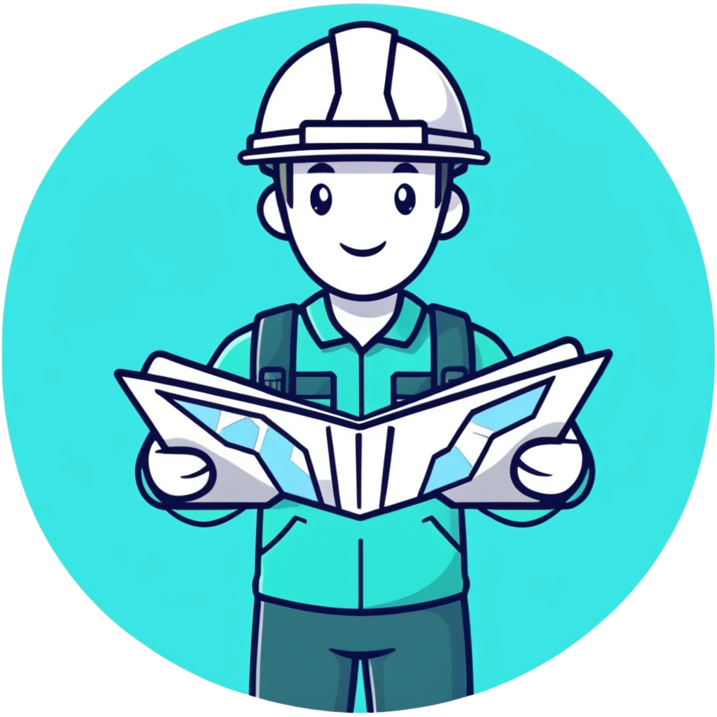 Male engineer or geologist with map or tablet, minimalist design with soft gradients in sky blue, teal green, white, and light gray emoji