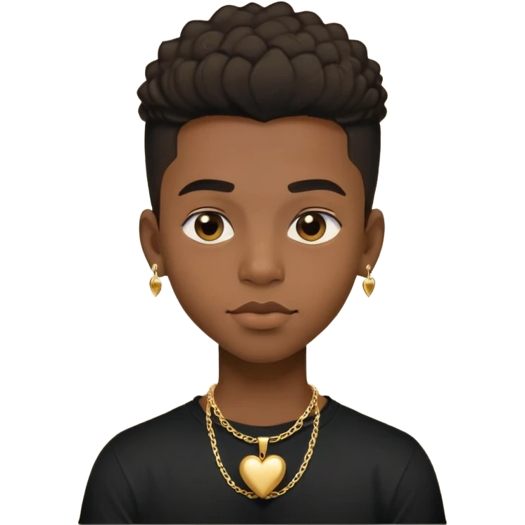 Black boy with full lips and long lashes. Rolling his eyes. Gold heart necklace and gold stud earrings. Black tshirt emoji