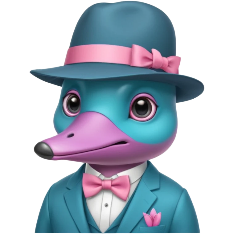 cute light blue turqiouse platypus head, mysterious with very big eyes with a detective hat, no  hands, looks like a platypus but blue, the hat and suit are pink emoji