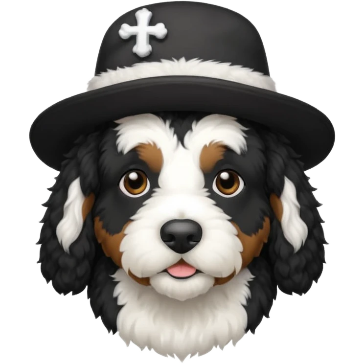 A black Bernedoodle with a white chest with a black and white hat that says friars on it emoji