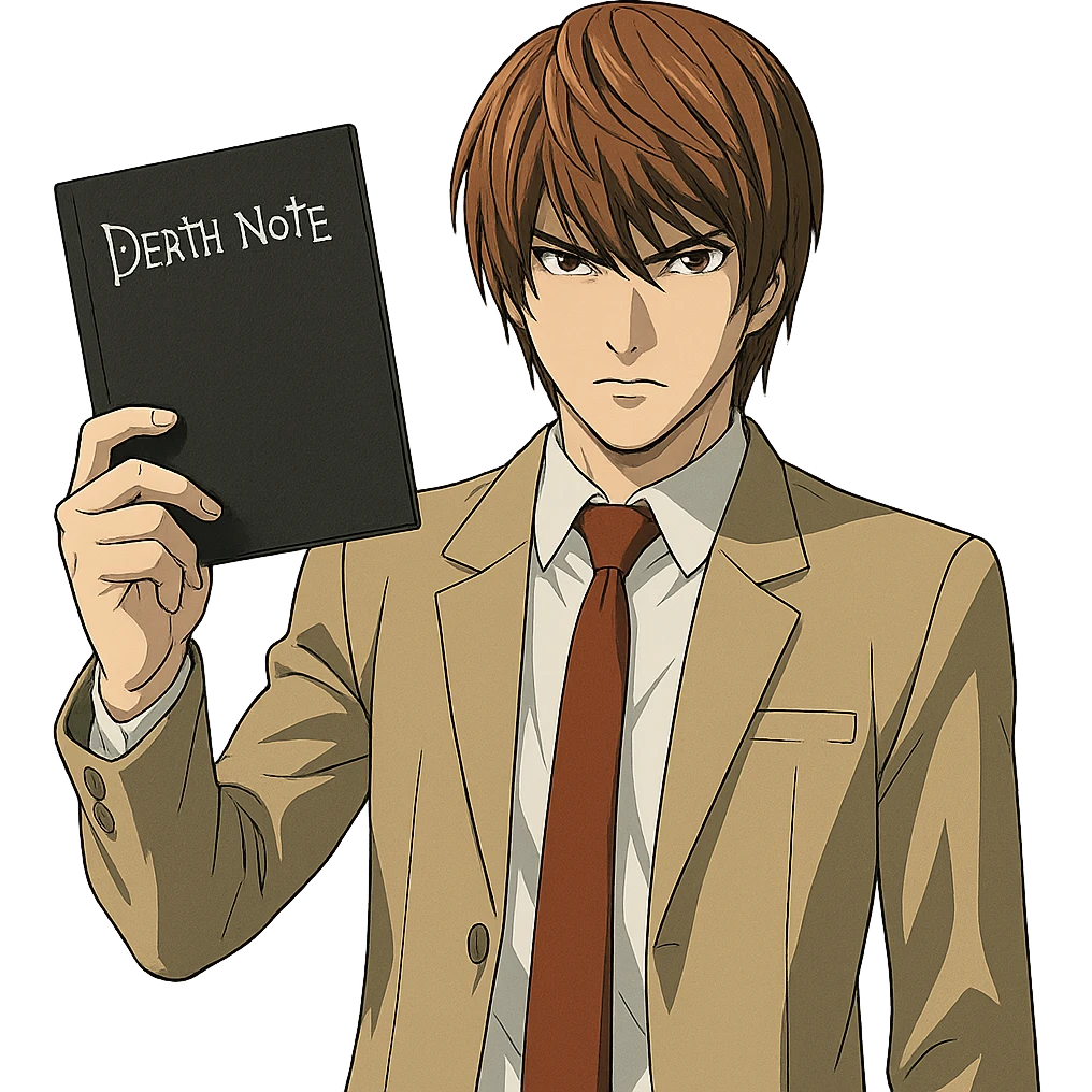 Light Yagami from Death Note, anime style, intense eyes, holding the Death Note up, brown hair, school uniform emoji