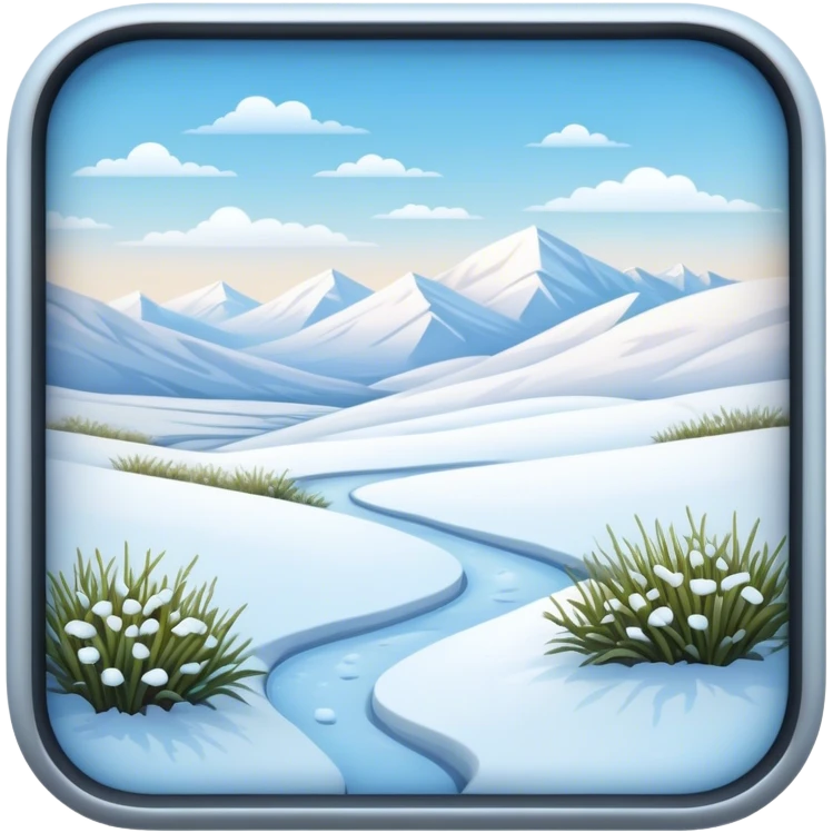 Cinematic Realistic Tundra Emoji in a wooden frame, Vast and cold, with wide expanses of snow-covered ground, sparse grasses poking through, and the occasional hardy shrub breaking up the pale white landscape. The sky above is a pale, frosty blue, and the light reflects off the snow, creating a serene yet starkly beautiful environment. Soft glowing outline, capturing the essence of a quiet, still, frozen wilderness where life endures despite the harsh conditions. emoji