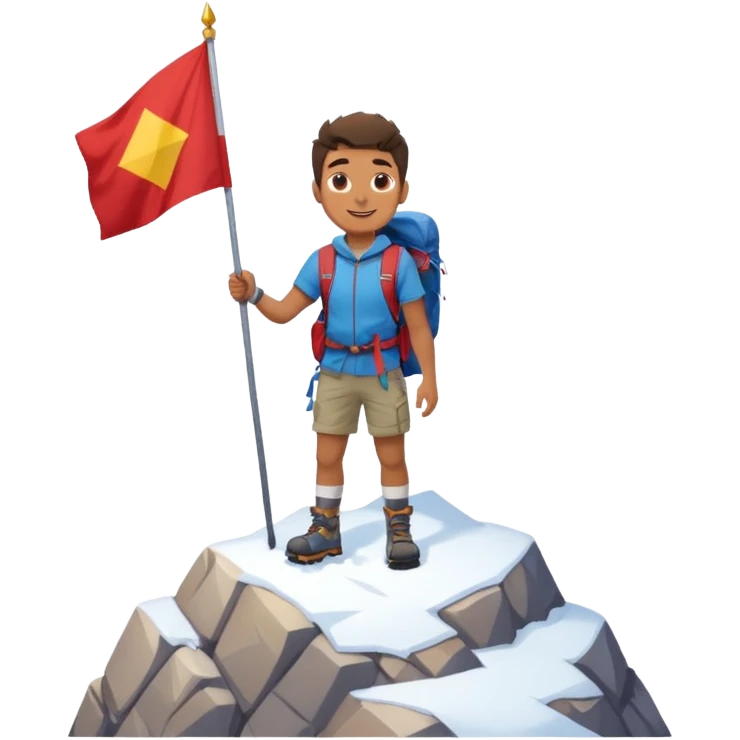 a happy guy standing on a sharp, rocky mountain peak with snow under his feet, holding a flag emoji