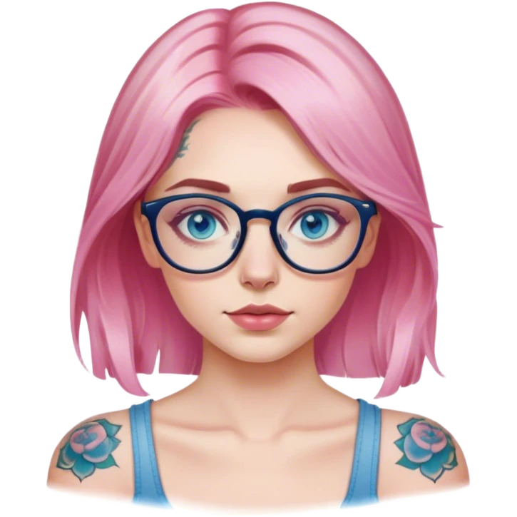  Hyper Realistic model, pale woman, pink balayage hair, blue eyes and glasses, shoulder tattoo  emoji