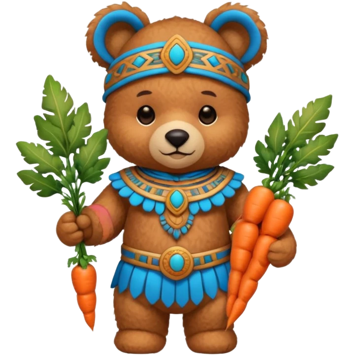 teddy bear, wearing blue mayan ancient custome, with carrot half body emoji