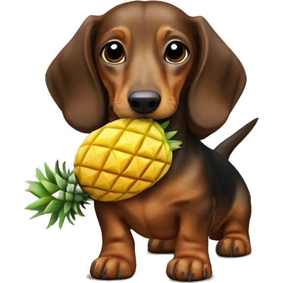 A small brown long haired dachshund dog holding a pineapple in its mouth  emoji