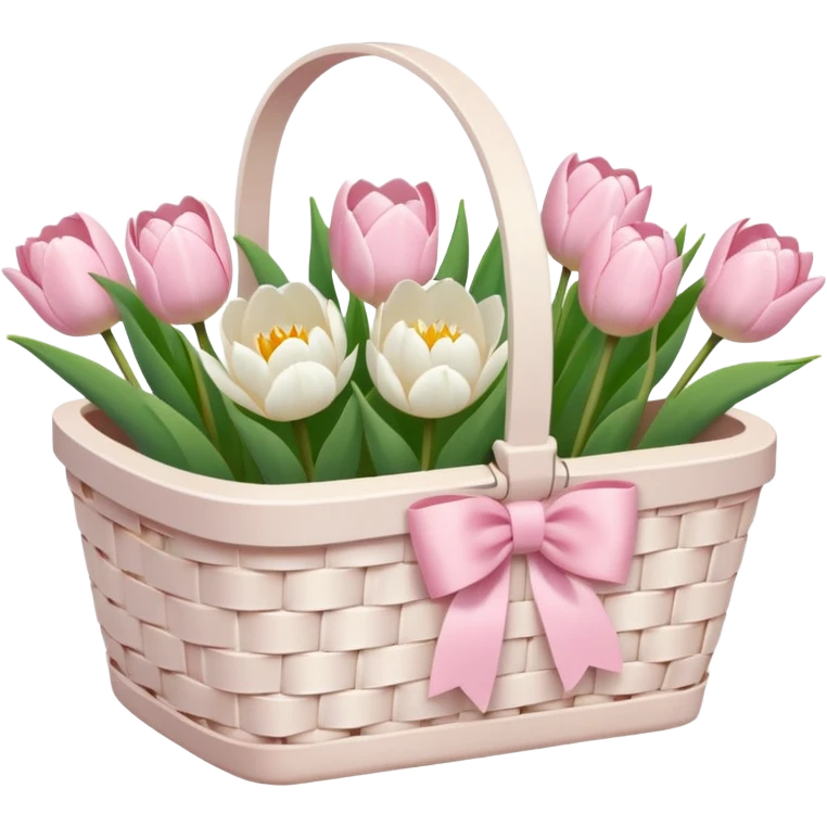 A white Picnic basket with light pink bow, white peonie, tulips emoji