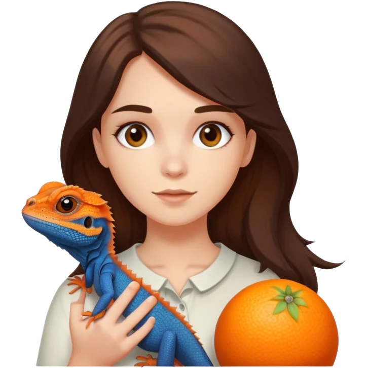 White girl with dark brown hair and teen eyes holding on her hands orange bearded agama emoji