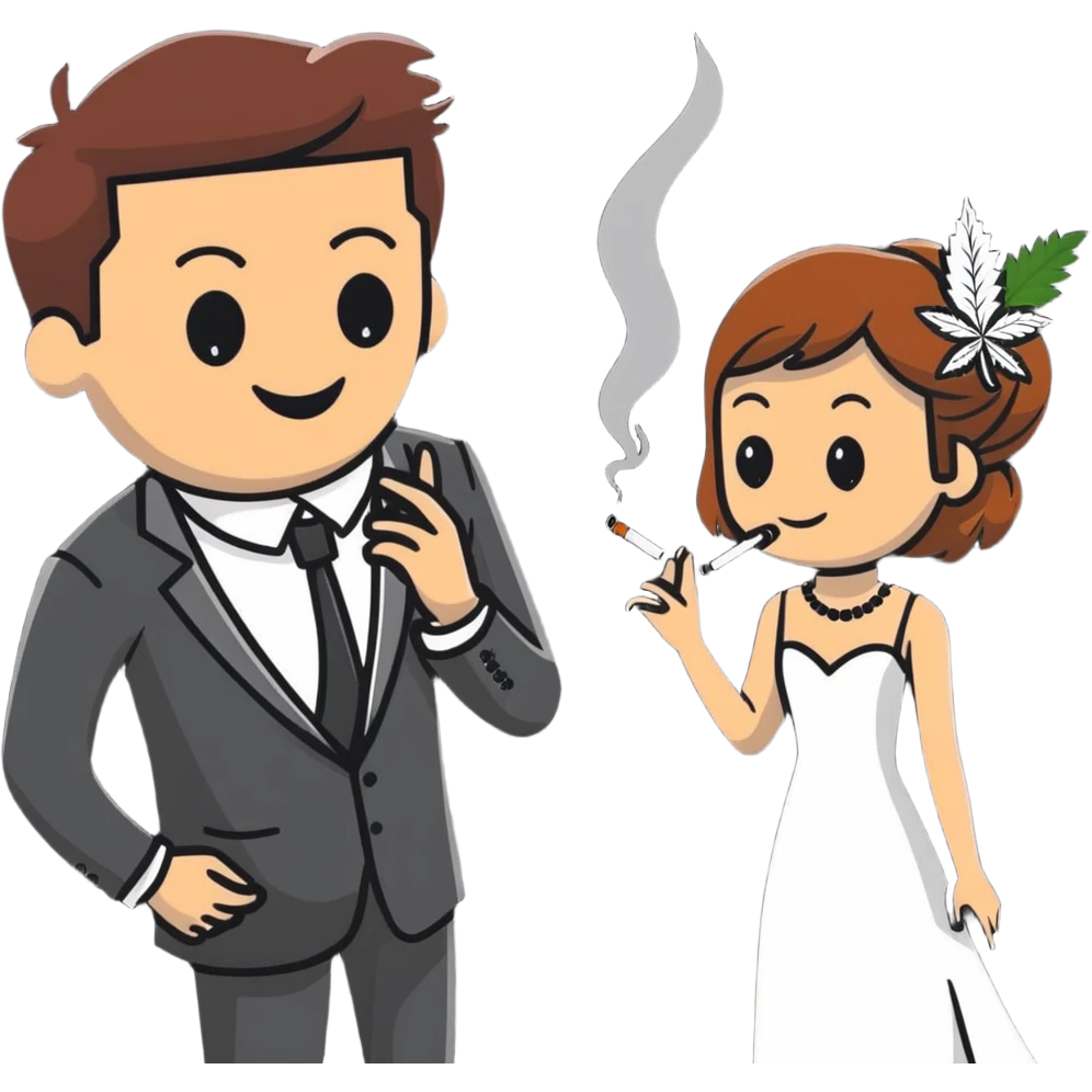 Person in fancy clothes sneaking into a wedding ceremony with a mischievous grin, uninvited guest, smoking cannabis emoji