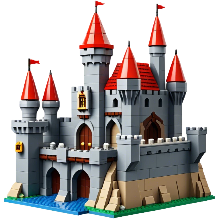 A photorealistic icon featuring a large medieval castle built from LEGO bricks, with detailed textures of the bricks, turrets, and drawbridge. The design captures the creativity and intricacy of LEGO construction with vibrant colors and realistic lighting. Transparent background emoji