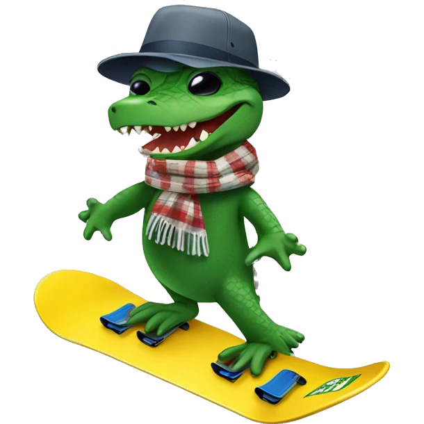 Alligator snow boarding with and hat and scarf emoji