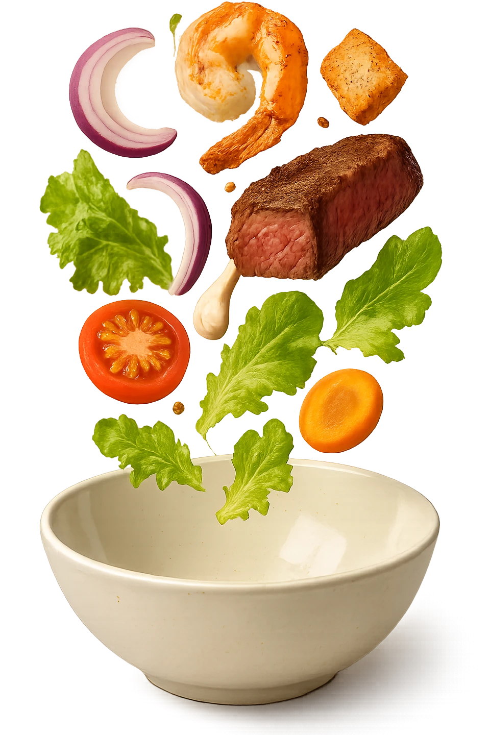 bowl in cui cade cibo da ristorante, iperrealistico 4k emoji