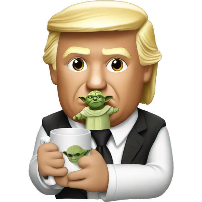 donal trump holding a mug that says i love yoda emoji