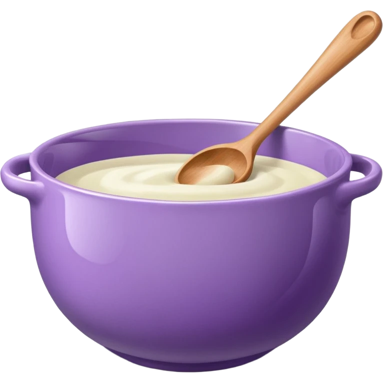 a lilac ceramic mixing bowl with a wooden spoon stirring emoji