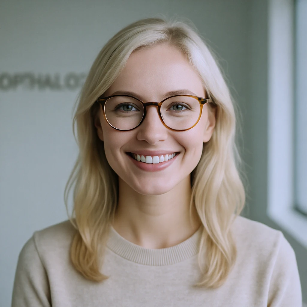 Medium shot, Cinematic still of a smiling european white woman with glasses smiling, minimalistic ophthalmologist interior in background, leading  lines, rule of thirds emoji