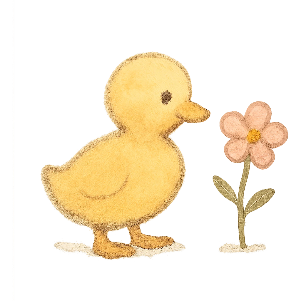 tiny duckling silhouette, Japanese pastel hand-drawn style, full object, with a tiny flower emoji