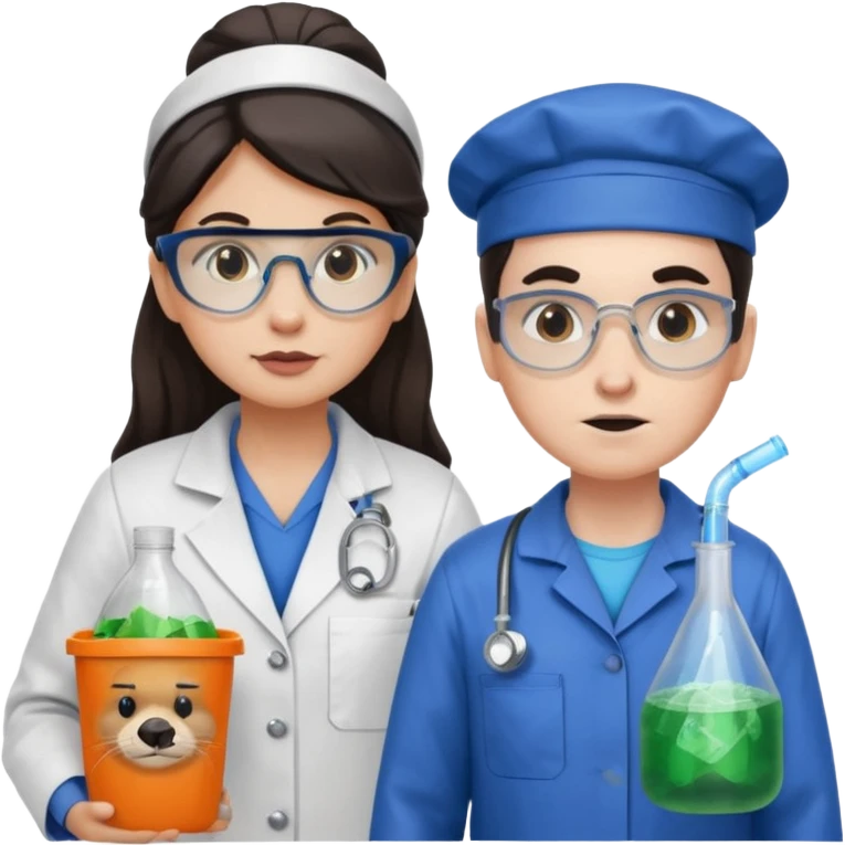 an otter disguised as a woman garbage collector next to a white man mad scientist with dark hair emoji