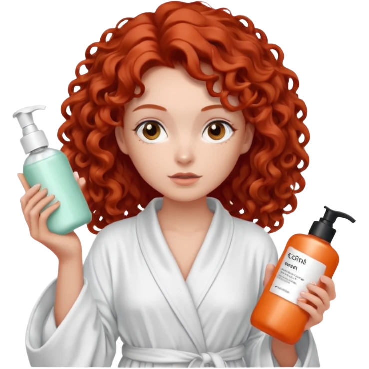 Cartoon emoji of a girl with voluminous curly red hair, fair skin, warm brown eyes. Wearing a chic milky silk robe with long sleeves, no makeup. Portrait mode, holding 3 moisterizers or different skin care products, looking super doubtful twisted and unsure. Smooth, simple, stylized." emoji