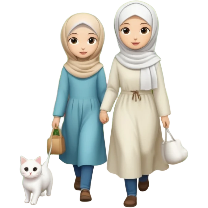 فتاة محجبة تمشي في الحديقة مع أمها المحجبة ومعهم قطة بيضاء emoji