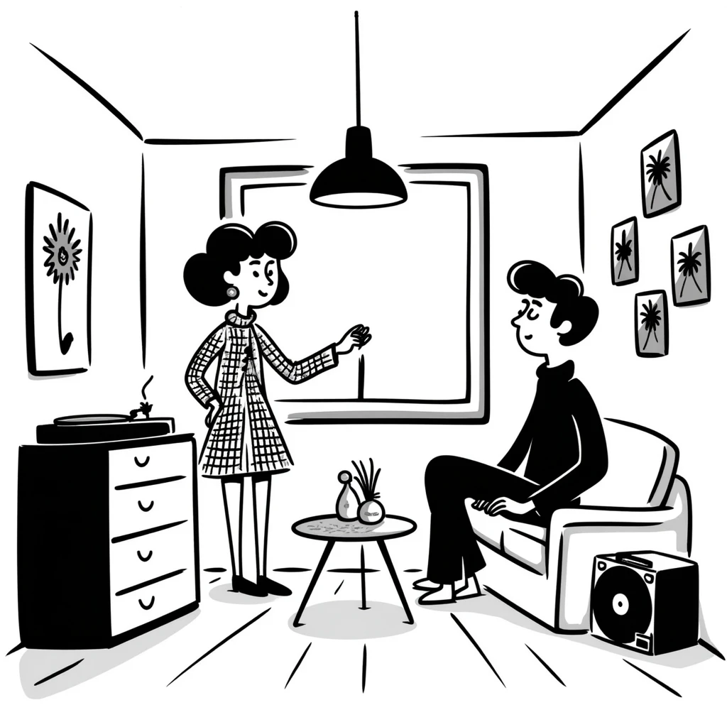 A mid-century modern living room with two people working on laptops — a woman standing at a dresser and a man sitting on a couch. The room has visible floor and two walls forming a corner, large window, modern pendant lamp, turntable, vinyl record stand, retro posters on the wall emoji