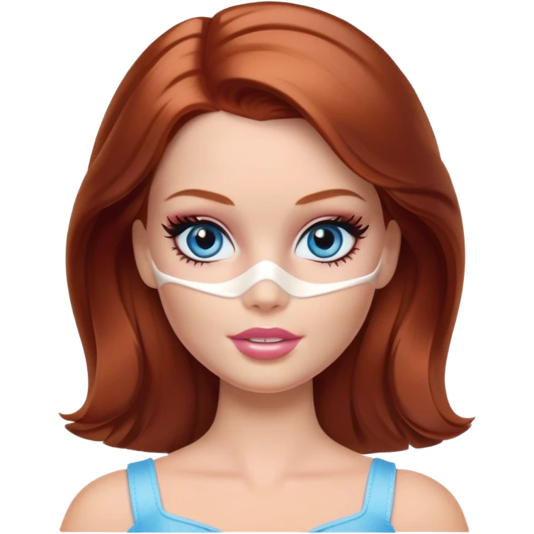 A Barbie face blue eyes with shoulder-length reddish brown hair, makeup with a cream mask on her face on her head emoji
