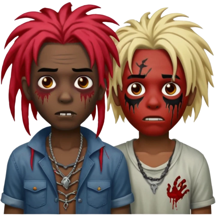 make two zombie boys, preferably black, both with dreadlocks, one with short hair, half blond and half black, and the second with long dreadlocks (up to the shoulder) with red roots and black tips  emoji