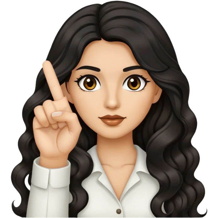 woman with olive skin, brown eyes and long lashes, and long black wavy hair holding up one hand and showing her one middle finger emoji