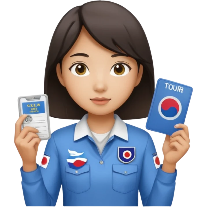 A young Asian guide holding her tour license in both hands, wearing a white shirt with the South Korea badge on her chest. emoji