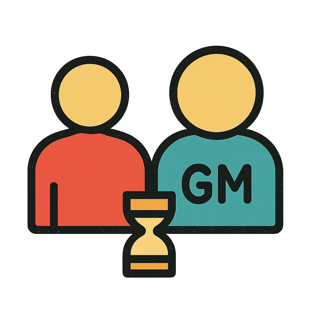 ultra-minimalist icon of two simple figures side by side representing player and GM, with a small clock or hourglass, worn and distressed style emoji