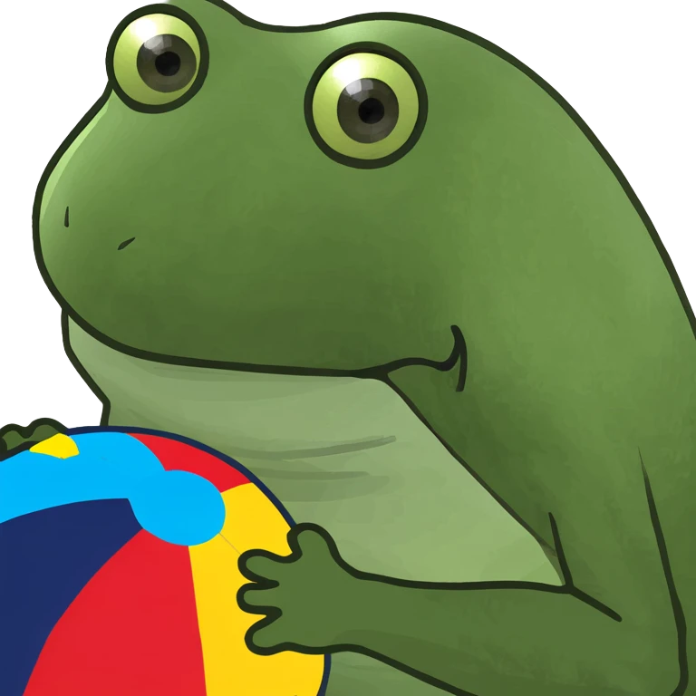 bufo frog with a beach ball, dancing under bright sun, surrounded by party decorations on the beach emoji