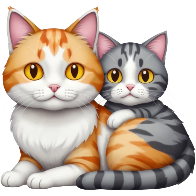 full body colourful light patched calico + white tabby cat cuddling a bigger cat that is dark grey and white tabby cat  and they are in love emoji