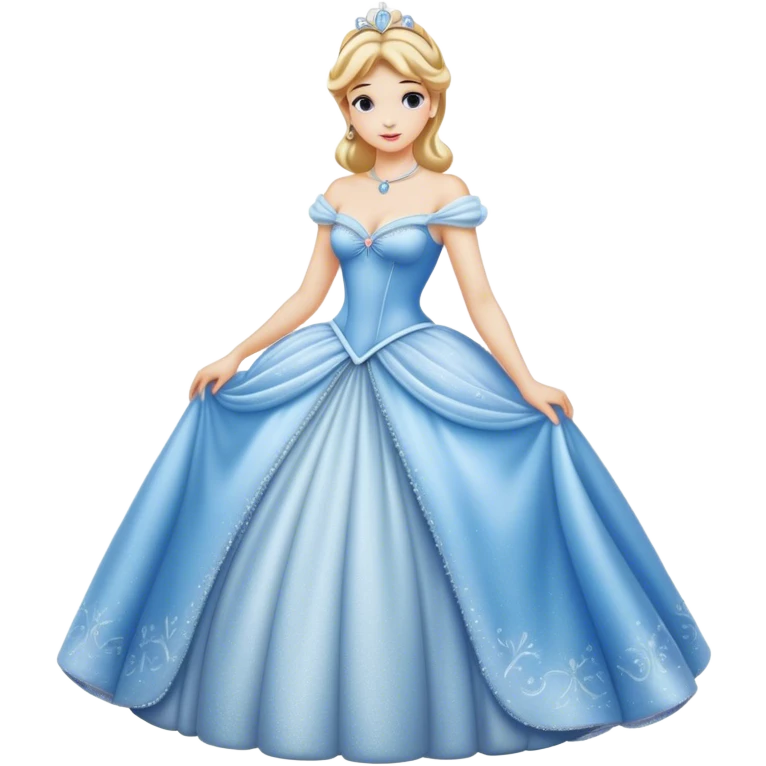 Cinematic Realistic Cinderella Portrait, showcasing her regal elegance in a full ball gown rendered with exquisite detail. Her fair, luminous skin and lustrous blonde hair are highlighted by subtle, shimmering accents and gentle natural light, evoking a magical, transformative aura. emoji