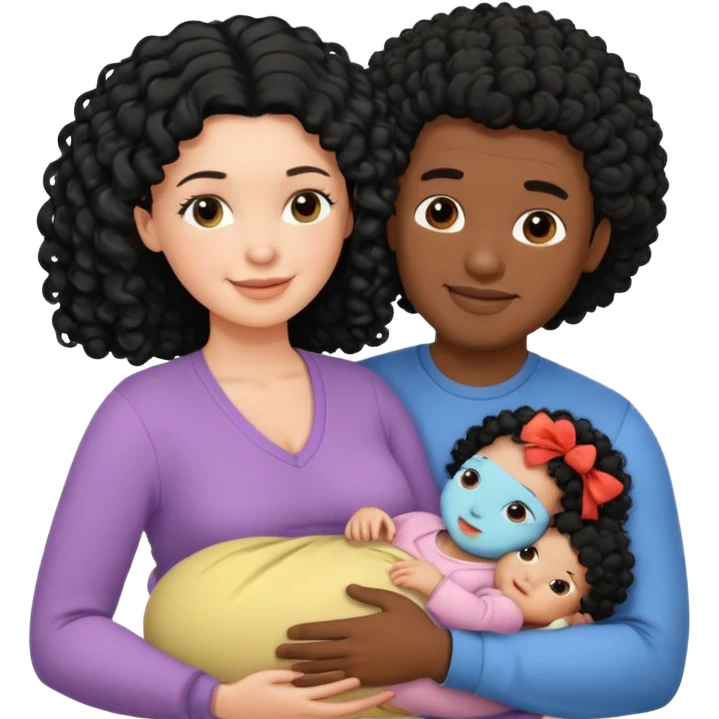 family: white woman curly black hair, black man with short black frizz hair, one 2 y o daughter , and a newborn in the and of the mother emoji