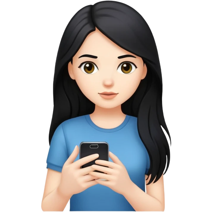 white girl, long black hair, holding phone in hand emoji