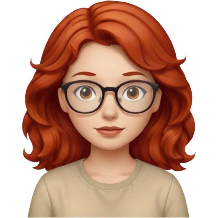girl wear glasses, wavy red hair, beige shirt emoji