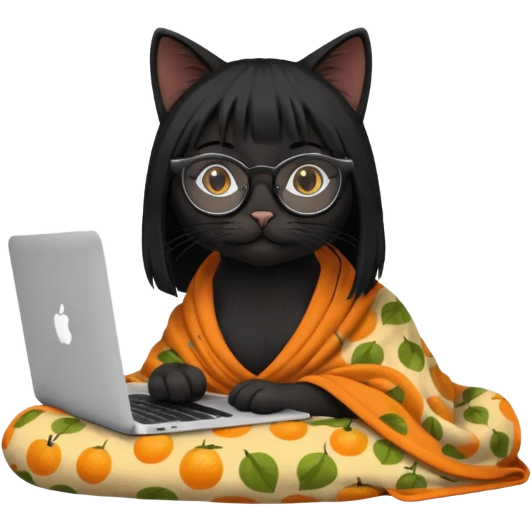 A black female cat working on a MacBook, with long, black straight hair, with round frames and thin glasses, and she wears a blanket with an orange fruit pattern emoji