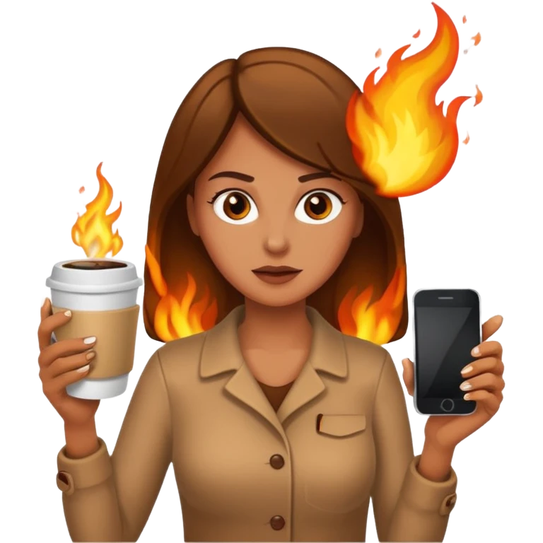 Woman holding coffee and a phone that’s on fire  emoji