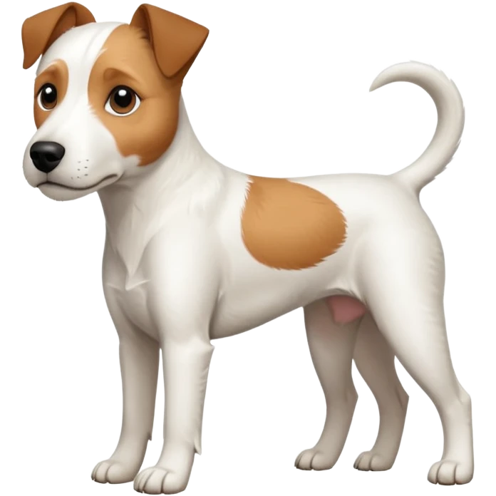 a full body large white parson russell terrier looking dog the size of a kelpie with light brown ears and a light brown patch on one eye and a large snout emoji