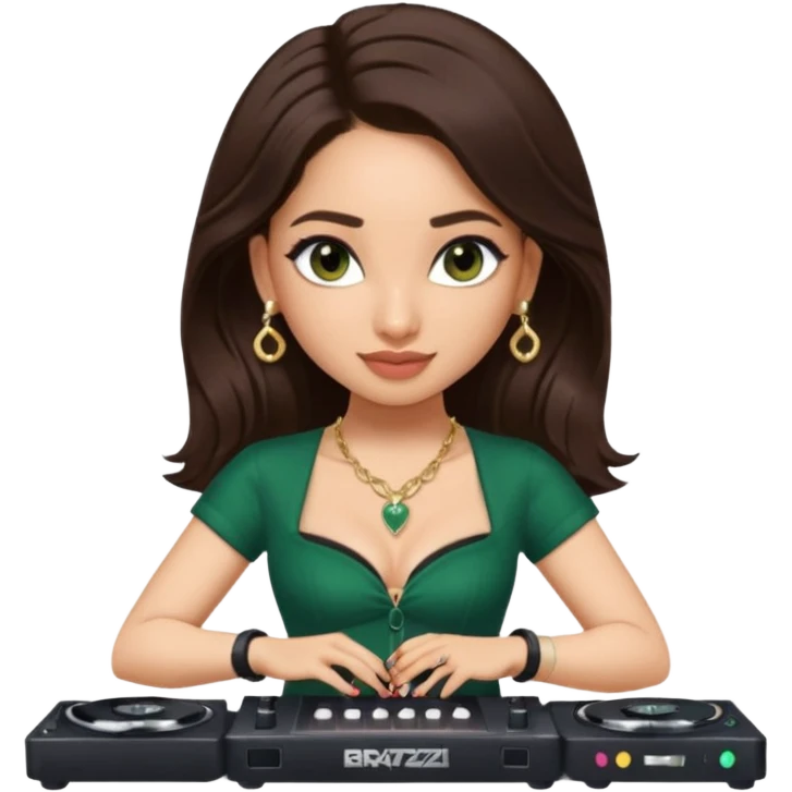 pretty bratz genmoji that looks like tamannah bhatia (bollywood actress), wearing a dark green sweetheart neckline top, dark brown hair, light makeup, no necklace, dangly earrings, side hair part, dark brown eyes, djing emoji